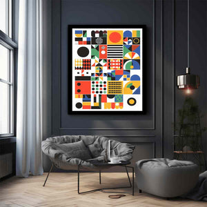 Modern geometric abstract artwork with colorful blocks, circles and arches for creative room decor.