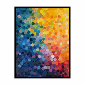 Colorful abstract mosaic of layered circles in blue, yellow, pink and orange for modern decor.