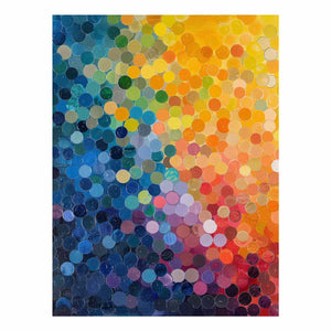 Colorful abstract mosaic of layered circles in blue, yellow, pink and orange for modern decor.