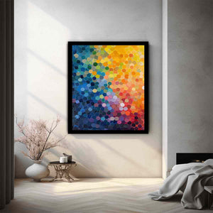 Colorful abstract mosaic of layered circles in blue, yellow, pink and orange for modern decor.