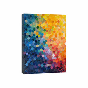 Colorful abstract mosaic of layered circles in blue, yellow, pink and orange for modern decor.