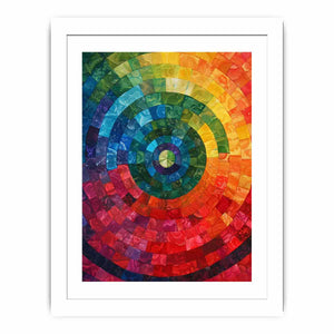 Radiant abstract spiral mosaic with rainbow color bands for bold modern living room decor.