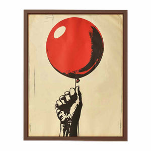 Graphic fist holding a red balloon on cream background for bold pop art wall decor.