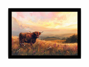 Highland cow in wildflower meadow with warm sunset hills for rustic farmhouse wall decor.