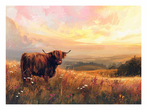 Highland cow in wildflower meadow with warm sunset hills for rustic farmhouse wall decor.