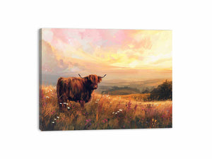 Highland cow in wildflower meadow with warm sunset hills for rustic farmhouse wall decor.