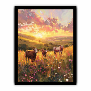 Three cows walking through golden wildflower meadow hills for warm farmhouse wall decor.