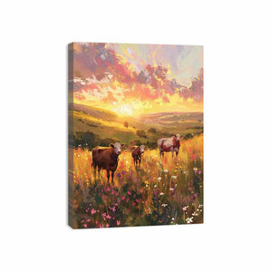 Three cows walking through golden wildflower meadow hills for warm farmhouse wall decor.
