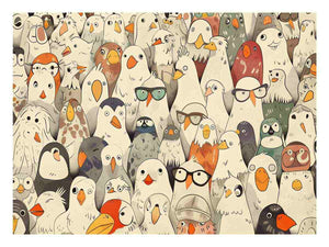 Whimsical illustrated birds with glasses and expressive faces for kids room or nursery wall decor.