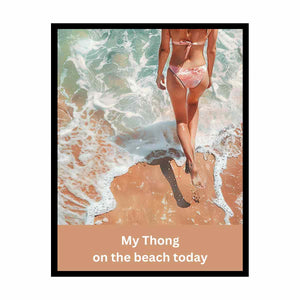 Woman walking on sandy beach with ocean foam and casual text for coastal bathroom decor.
