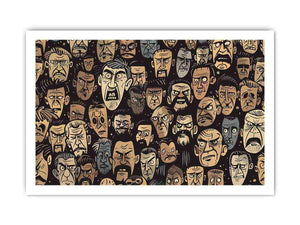 Graphic pattern of intense illustrated faces on dark background for edgy modern wall decor.