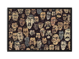 Graphic pattern of intense illustrated faces on dark background for edgy modern wall decor.