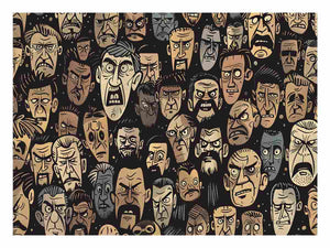 Graphic pattern of intense illustrated faces on dark background for edgy modern wall decor.