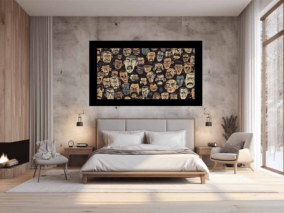 Graphic pattern of intense illustrated faces on dark background for edgy modern wall decor.