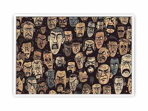 Graphic pattern of intense illustrated faces on dark background for edgy modern wall decor.