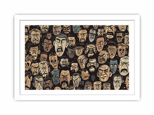 Graphic pattern of intense illustrated faces on dark background for edgy modern wall decor.