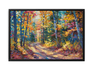 Colorful autumn forest canvas art with woodland path for modern living room decor.