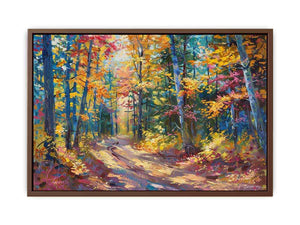 Colorful autumn forest canvas art with woodland path for modern living room decor.