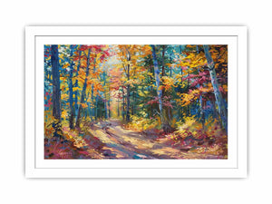 Colorful autumn forest canvas art with woodland path for modern living room decor.