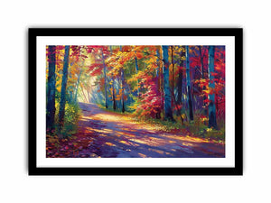 Sunlit autumn forest road canvas art with red leaves for modern living room decor.