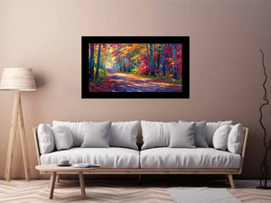 Sunlit autumn forest road canvas art with red leaves for modern living room decor.