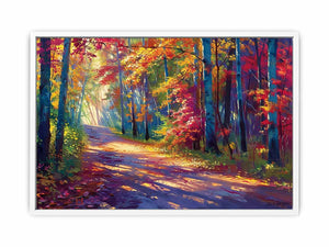 Sunlit autumn forest road canvas art with red leaves for modern living room decor.