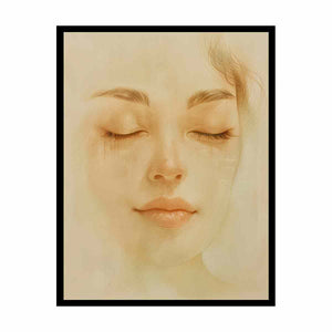 Soft feminine portrait canvas art with closed eyes for calming bedroom decor.