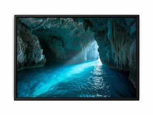 Turquoise sea cave photography canvas art for modern coastal living room decor.