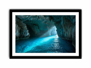 Turquoise sea cave photography canvas art for modern coastal living room decor.