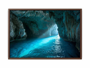 Turquoise sea cave photography canvas art for modern coastal living room decor.