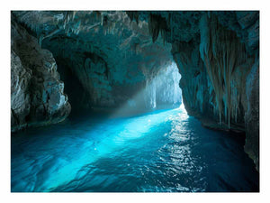 Turquoise sea cave photography canvas art for modern coastal living room decor.