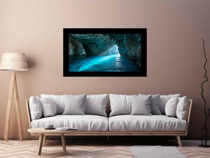 Turquoise sea cave photography canvas art for modern coastal living room decor.