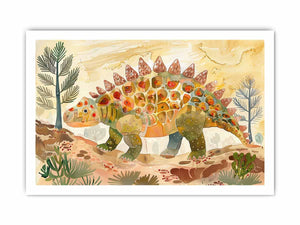 Colorful stegosaurus watercolor canvas art for nursery or kids room decor.