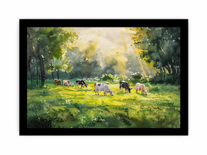 Watercolor cows in sunlit meadow canvas art for farmhouse dining room decor.