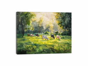Watercolor cows in sunlit meadow canvas art for farmhouse dining room decor.