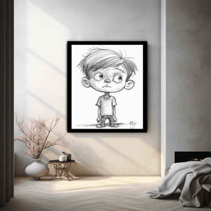 Cute boy pencil sketch canvas art for nursery or modern kids room decor.