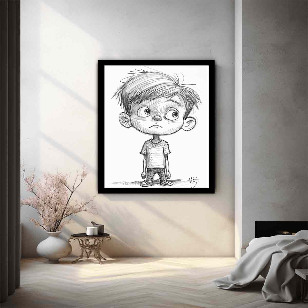 Cute boy pencil sketch canvas art for nursery or modern kids room decor.