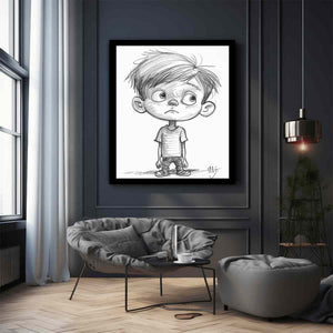 Cute boy pencil sketch canvas art for nursery or modern kids room decor.