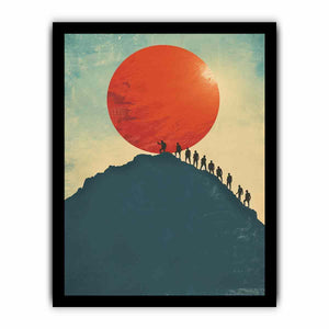 Vintage mountain climbers under red sun canvas art for modern office decor.