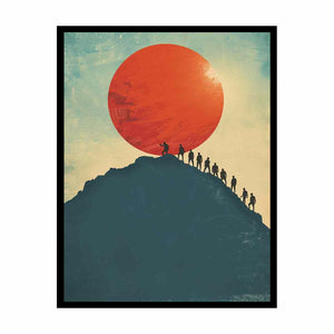 Vintage mountain climbers under red sun canvas art for modern office decor.