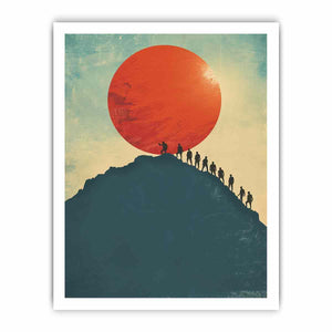 Vintage mountain climbers under red sun canvas art for modern office decor.