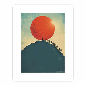Vintage mountain climbers under red sun canvas art for modern office decor.