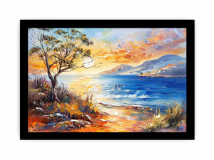 Painterly coastal landscape canvas art for bright living room or beach house decor.