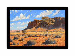 Outback desert landscape canvas art with red rocks for warm living room decor.