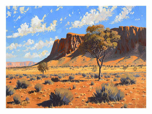 Outback desert landscape canvas art with red rocks for warm living room decor.