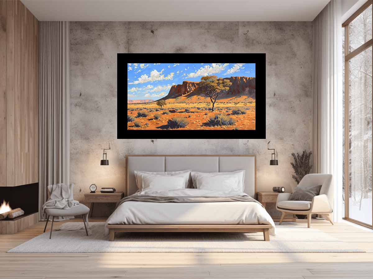 Outback desert landscape canvas art with red rocks for warm living room decor.