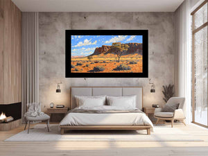 Outback desert landscape canvas art with red rocks for warm living room decor.
