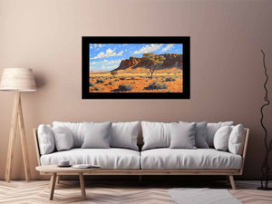 Outback desert landscape canvas art with red rocks for warm living room decor.