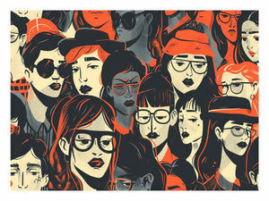Retro illustrated portrait crowd wall art with orange accents for modern living room decor.