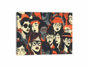 Retro illustrated portrait crowd wall art with orange accents for modern living room decor.
